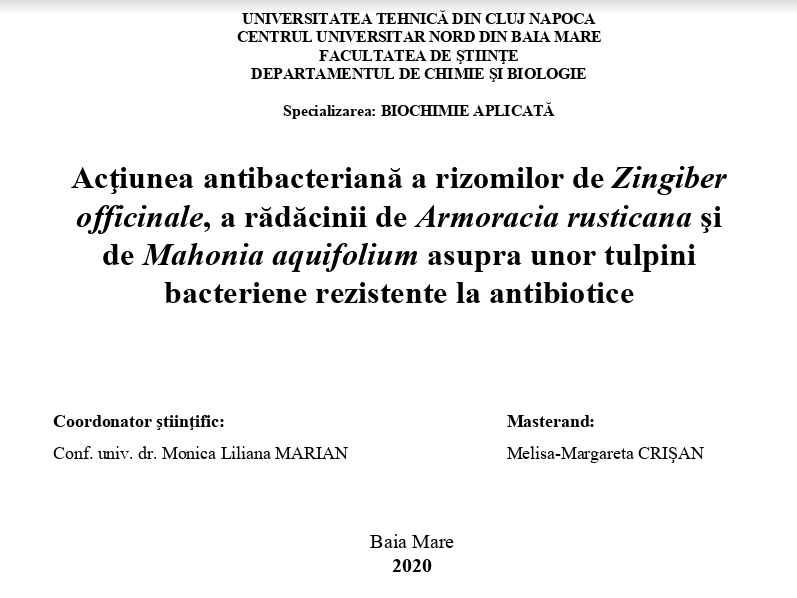 Acţiunea antibacteriană a rizomilor de Zingiber officinale, a rădăcinii de Armoracia rusticana şi de Mahonia aquifolium asupra unor tulpini bacteriene rezistente la antibiotice